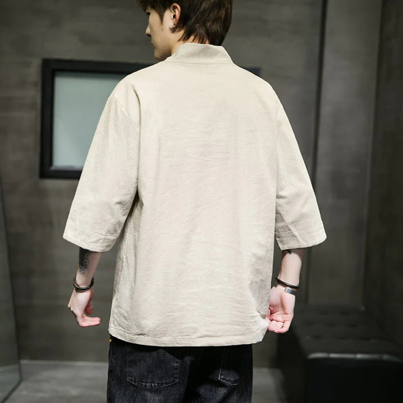 Buddha Stones Summer Casual Simple V-Neck Design Men's Cotton Linen Three Quarter Sleeve T-Shirt With Front Pocket