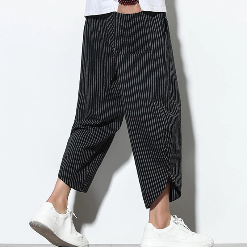 Buddha Stones Summer Stripes Pattern Drawstring Cotton Linen Men's 7-8 Length Harem Pants With Pockets