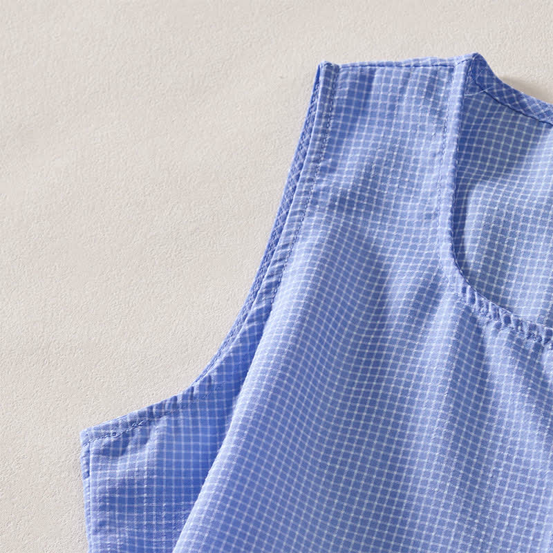 Buddha Stones Summer Coral Gingham Sleeveless A Line Vacation Casual Knee Length Dress With Pockets