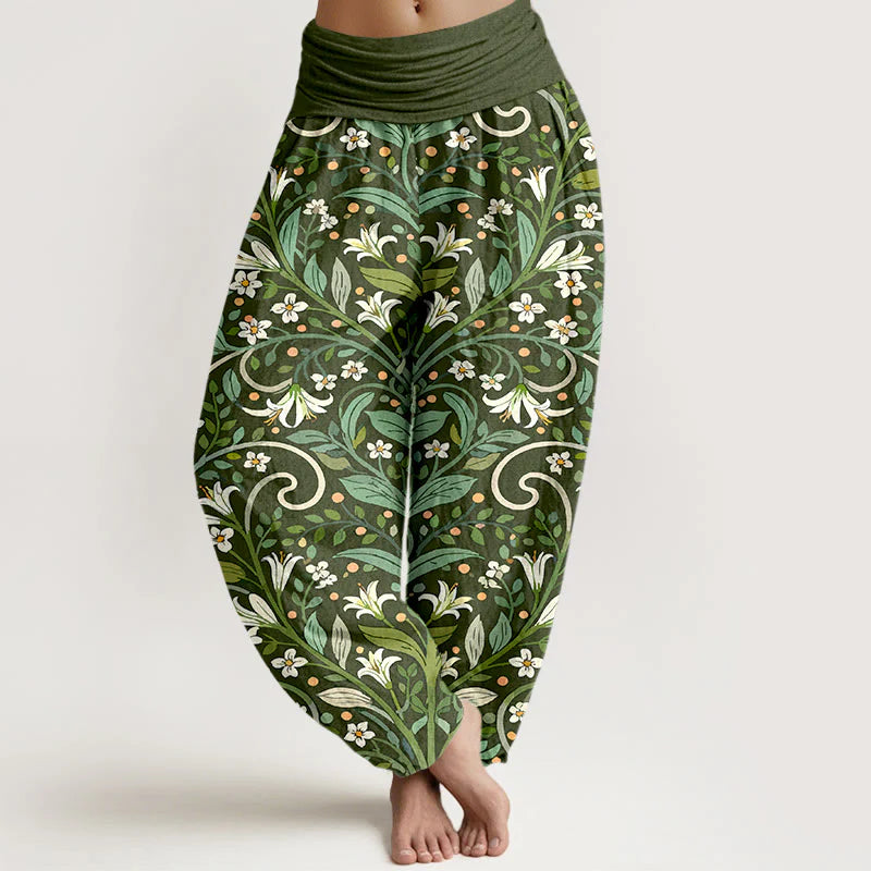 Buddha Stones Pure Cotton Elegant Lily Petal Leaf Pattern Women's Elastic Waist Harem Pants