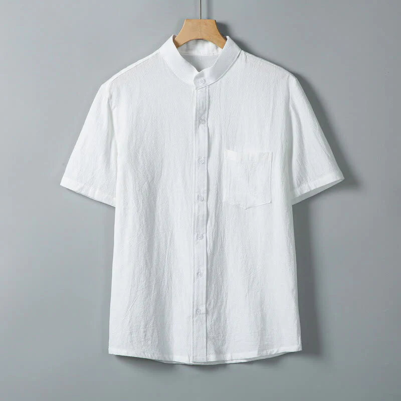 Buddha Stones Daily Printing Solid Color Single Breasted Men's Short Sleeve Cotton Linen Shirt WIth Pockets