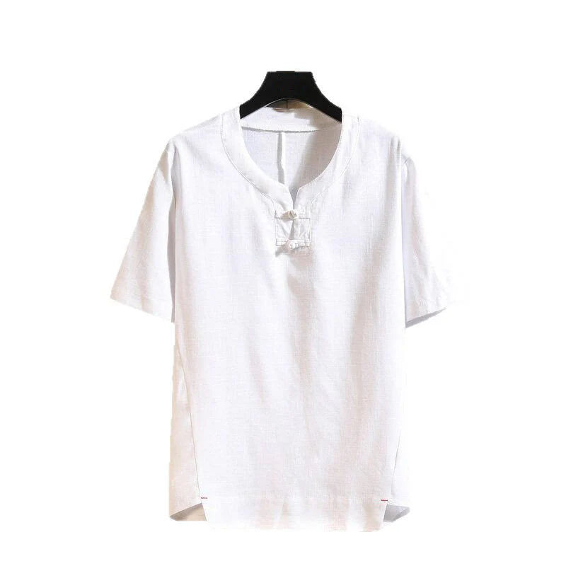 Buddha Stones Summer Chinese Frog-button Men's Solid Color Button Short Sleeve Cotton Linen Shirt