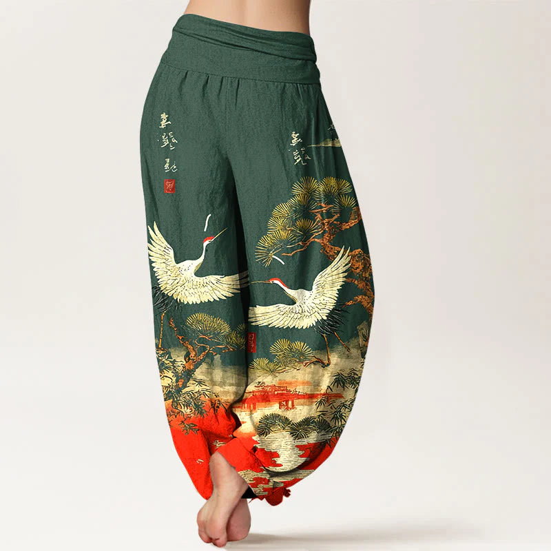 Buddha Stones Pure Cotton Vivid Crane Pine Tree Pattern Women's Elastic Waist Harem Pants
