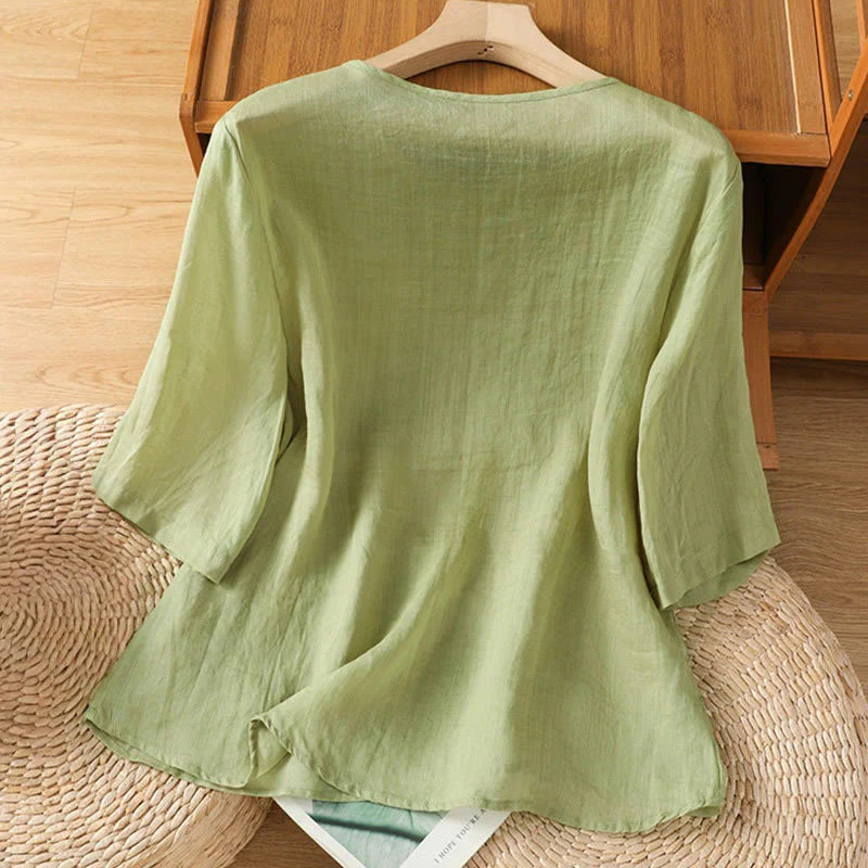 Buddha Stones Casual Embroidery Flowers Cotton Polyester Half Sleeve Women's Crew Neck Shirt