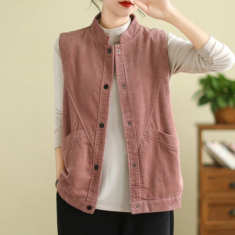 Buddha Stones Plain Sleeveless Women's Cotton Vest Corduroy Waistcoat With Pockets