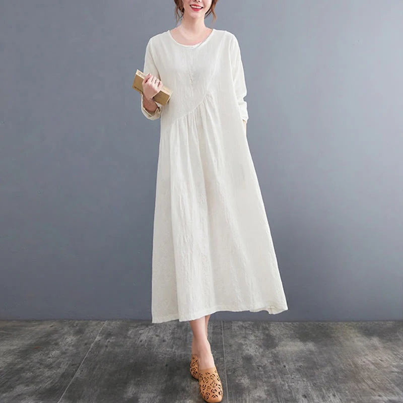 Buddha Stones Smiple Jacquard Pattern Long Sleeve Cotton Linen Women's Midi Dress With Pockets
