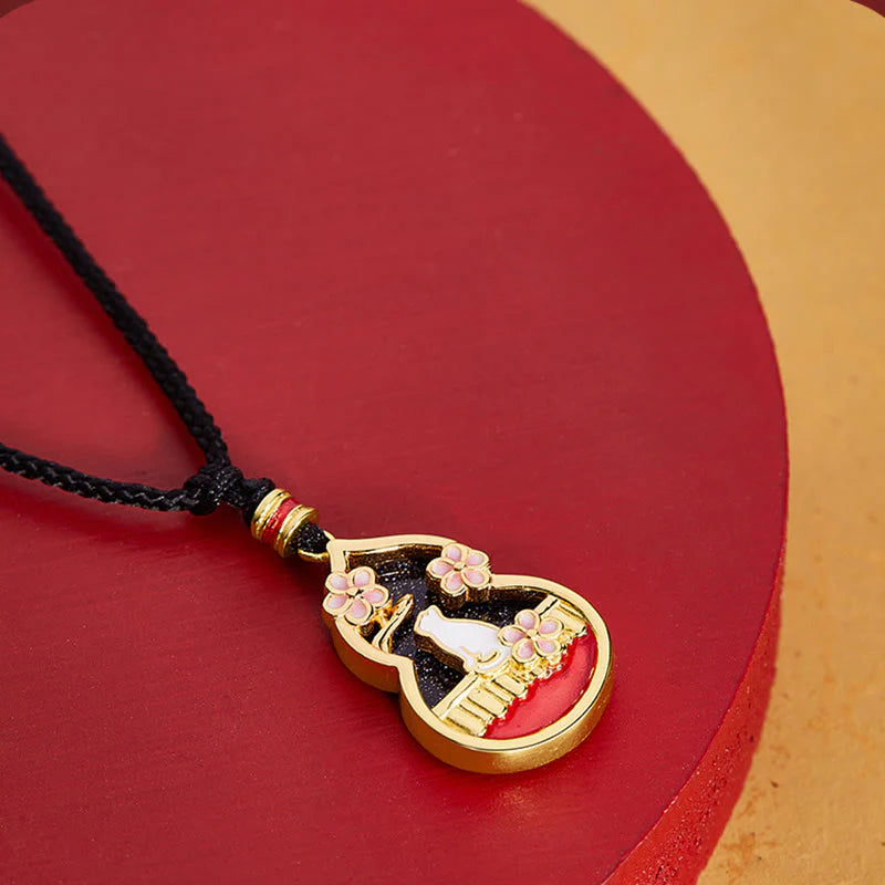 Buddha Stones 925 Sterling Silver Peach Blossom Cat Gourd Pattern Protection Necklace Pendant