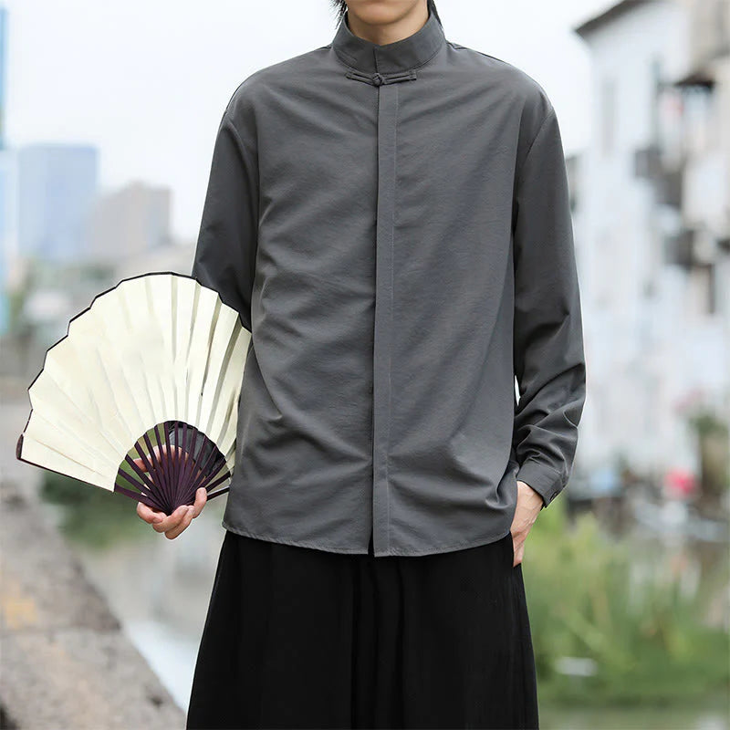 Buddha Stones Solid Color One Frog-Button Long Sleeve Cotton Men's Shirt