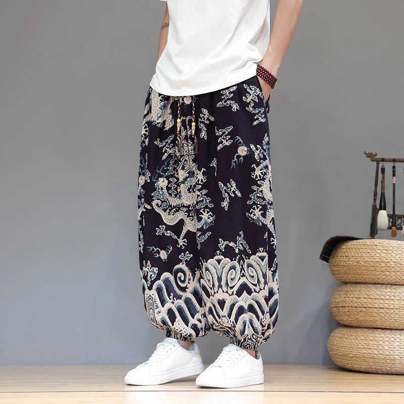 Buddha Stones Summer Dragon Drawstring Design Cotton Linen Men's Harem Pants With Pockets