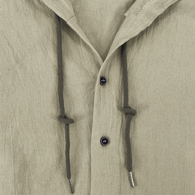 Buddha Stones Solid Color Long Sleeve Hooded Drawstring Buttons Cotton Men's Shirt