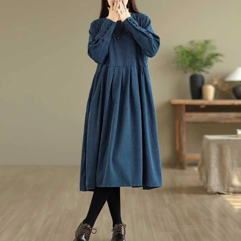 Buddha Stones Fall Plain DarkBlue Long Sleeve Corduroy Midi Dress With Pockets