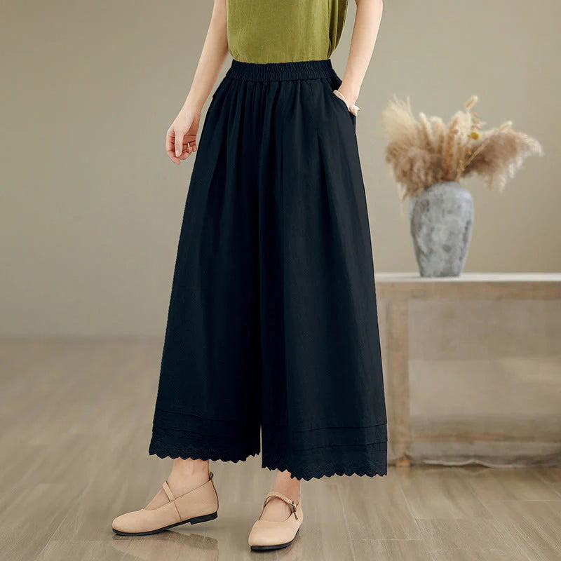 Buddha Stones Commute Simple Lace Design 7-8 Length Women's Wide Leg Cotton Linen Pants With Pockets