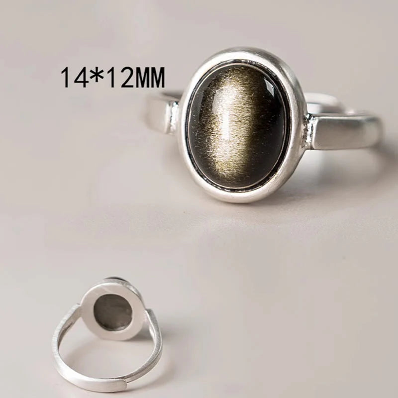 Buddha Stones Natural 925 Sterling Silver Gold Sheen Obsidian Adjustable Wealth Ring