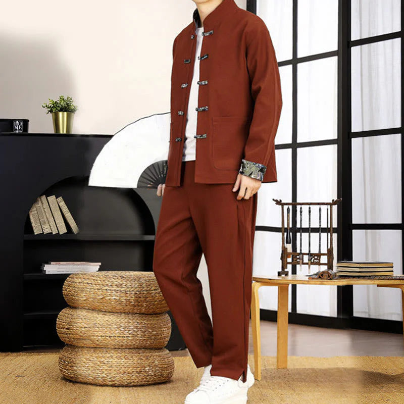 Buddha Stones 2Pcs Tang Suit Frog-Button Men's Waves Long Sleeve Shirt Pants Clothing Set