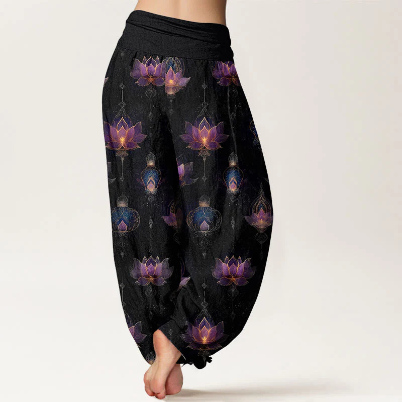 Buddha Stones Cotton Gorgeous Lotus Lantern Pattern Women's Elastic Waist Harem Pants