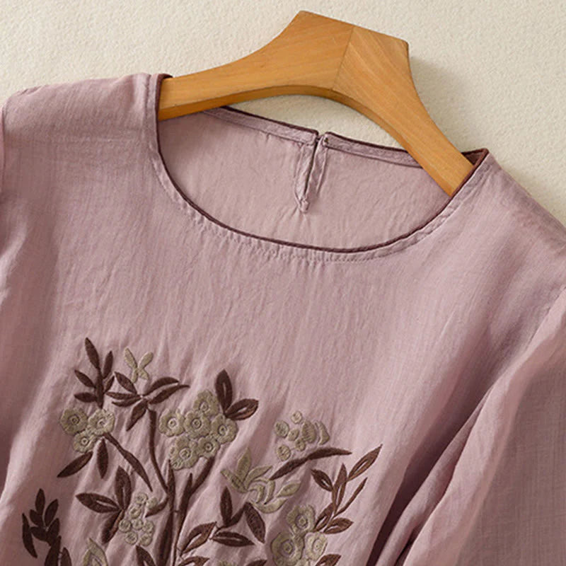 Buddha Stones Retro Embroidery Floral Three Quarter Sleeve Women's Cotton T-Shirt