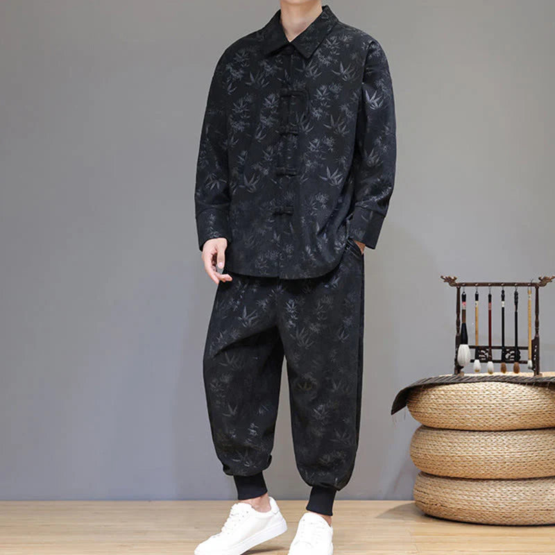 Buddha Stones 2Pcs Winter Thick Bamboo Men's Tang Suit Frog-Button Cotton Corduroy Long Sleeve Jacket Pants Set With Pockets