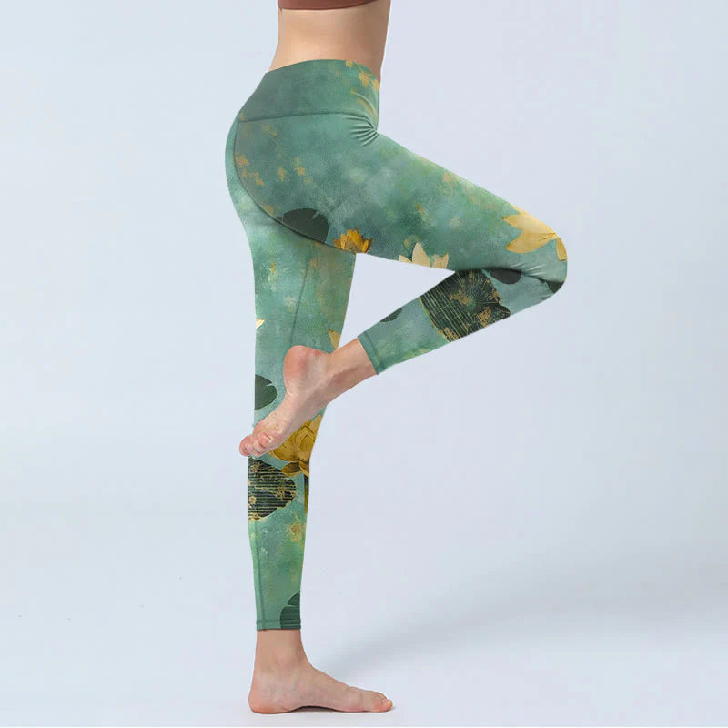 Buddha Stones Classical Lotus Flower Leaf Pattern Print Gym Leggings Women's Yoga Pants