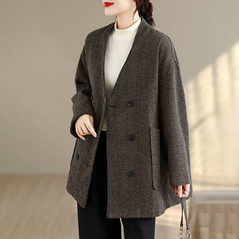 Buddha Stones Stripe V-Neck Cotton Long Sleeve Women's Coat With Pockets