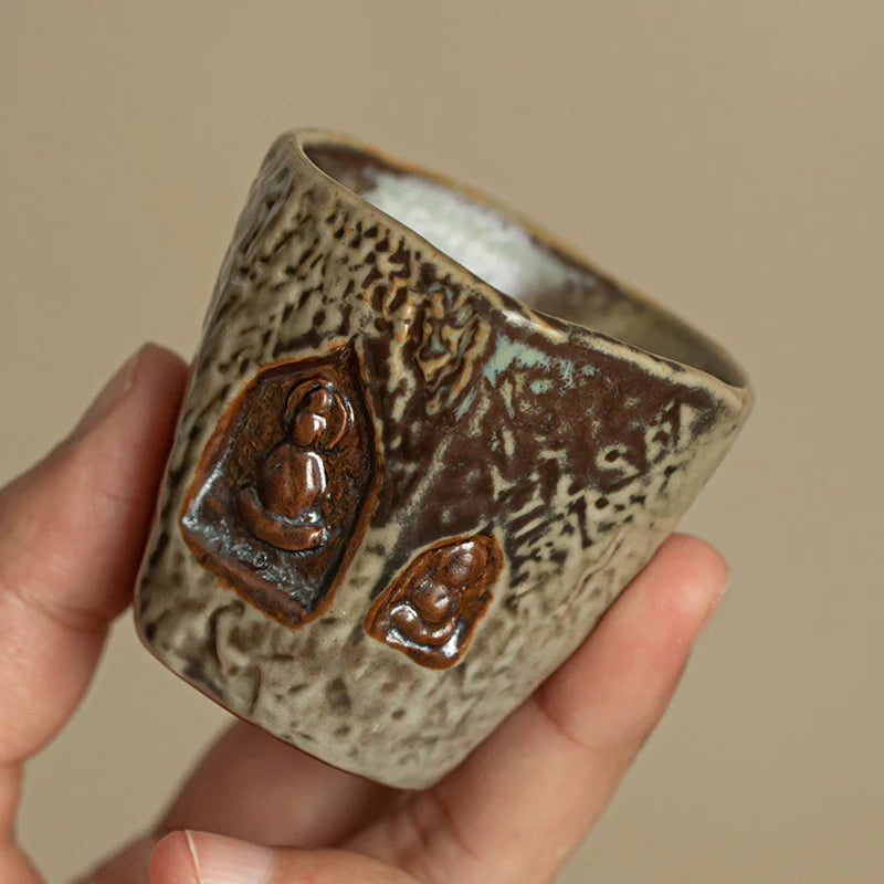 Buddha Stones Vintage Dunhuang Color Buddha Engraved Teacup Kung Fu Tea Cup