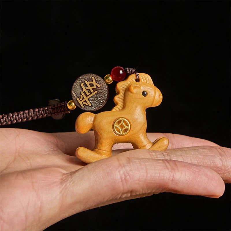 Buddha Stones Year of the Horse Rainbow Eucalyptus Small Leaf Red Sandalwood Linden Wood Ebony Carved Positive Key Chain