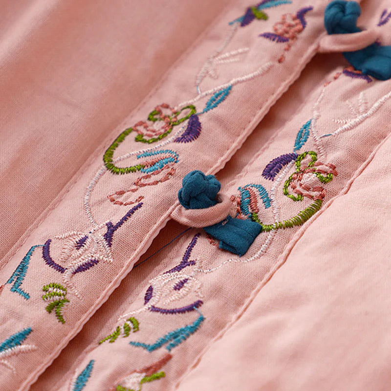 Buddha Stones Winter Flower Embroidery Frog-Button Long Sleeve Women's Thermal Jacket