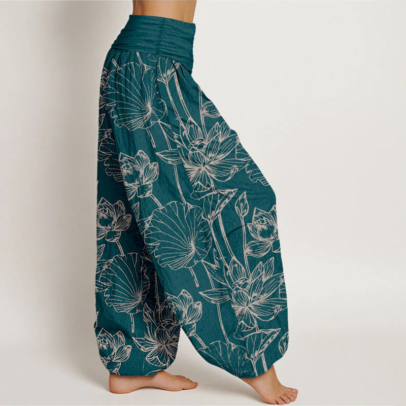 Buddha Stones Cotton Elegant Refined Lotus Flower Leaf Pattern Women's Elastic Waist Harem Pants
