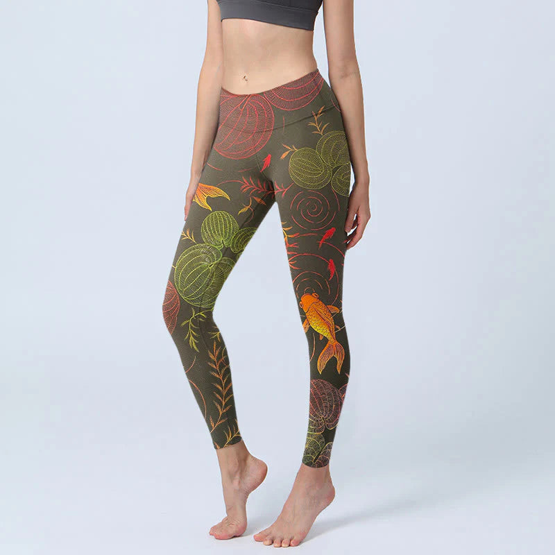 Buddha Stones Colorful Koi Fish Water Ripples Plant Pattern Print Gym Leggings Women's Yoga Pants