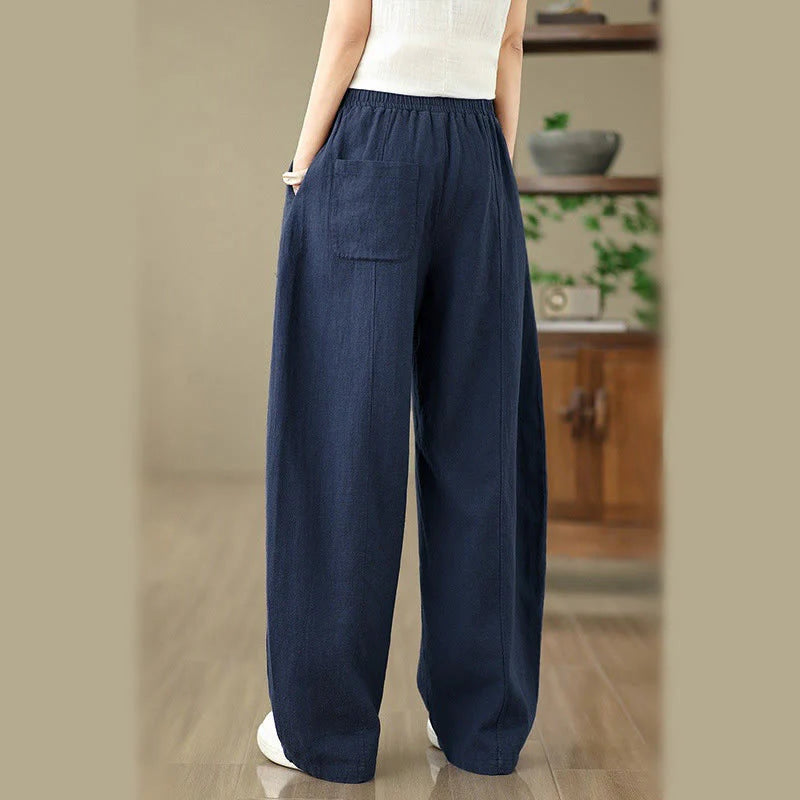 Buddha Stones Solid Color Cotton Linen Women's Straight Leg Pants With Pockets
