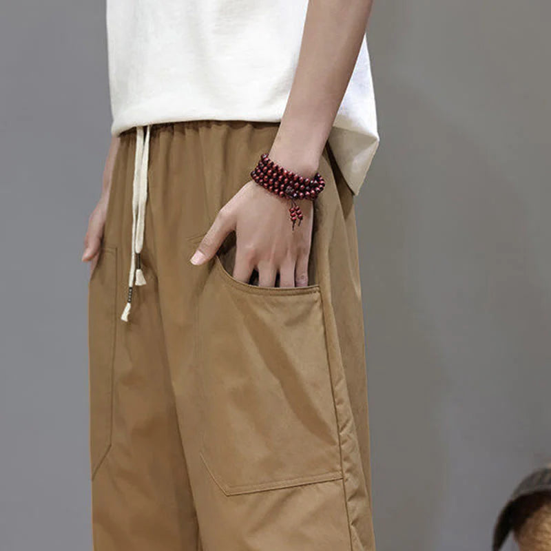 Buddha Stones Summer Solid Color Drawstring Straight Leg 7-8 Length Men's Pants With Pockets