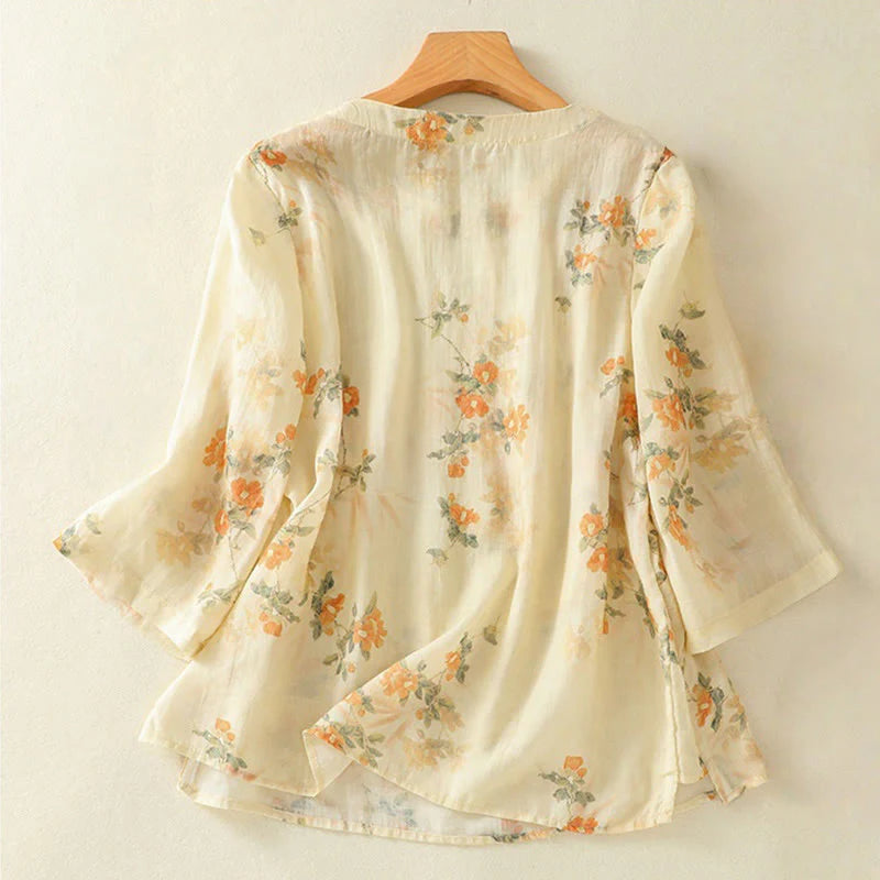 Buddha Stones Plant Printed Crew Neck Frog Button Design Women's Polyester Three Quarter Sleeve Shirt