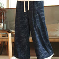 Buddha Stones Bamboo Leaves Corduroy Drawstring Cotton Men's Wide Leg Pants With Pockets