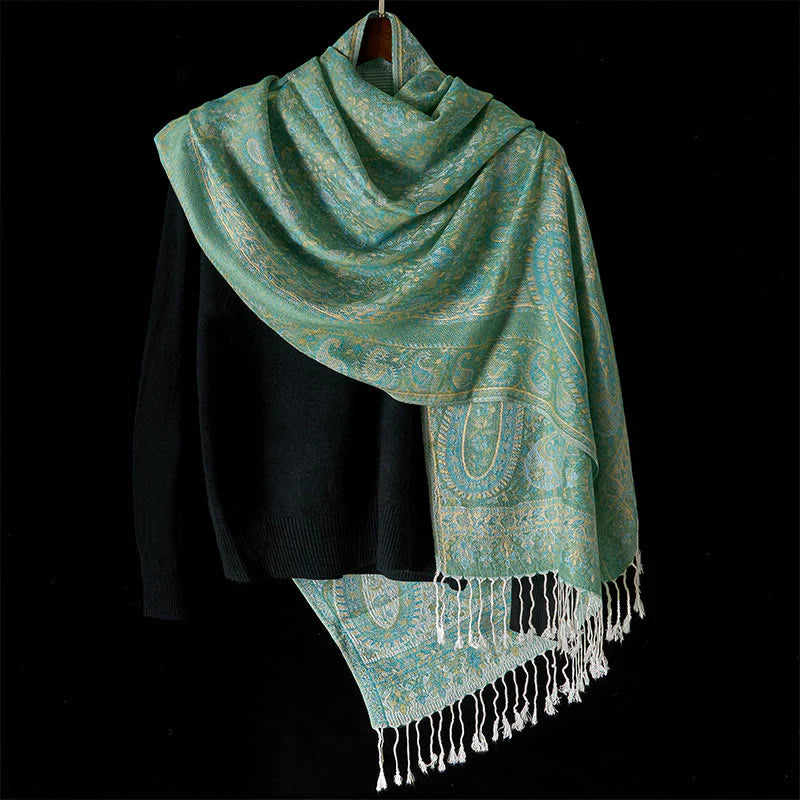 Buddha Stones Spring Green Cashew Flower Geometric Stripes Pattern Tassel Cozy Scarf Shawl