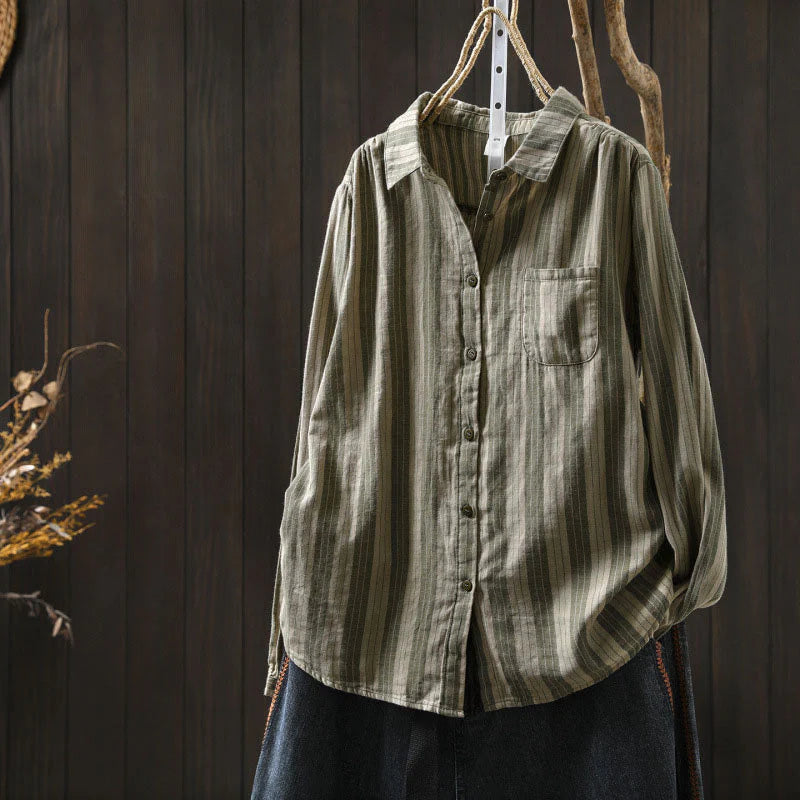 Buddha Stones Fall Vertical Stripes Button Down Stand Collar Long Sleeve Women's Cotton Shirt