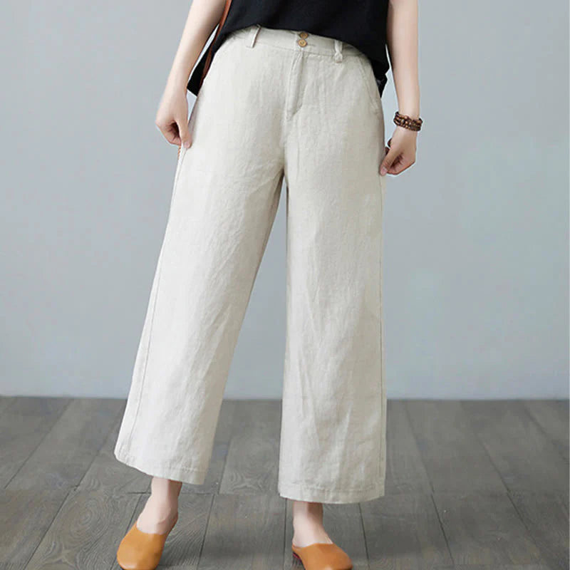 Buddha Stones Daily Solid Color Patchwork Simple Design Cotton Linen Women's Pants With Pockets