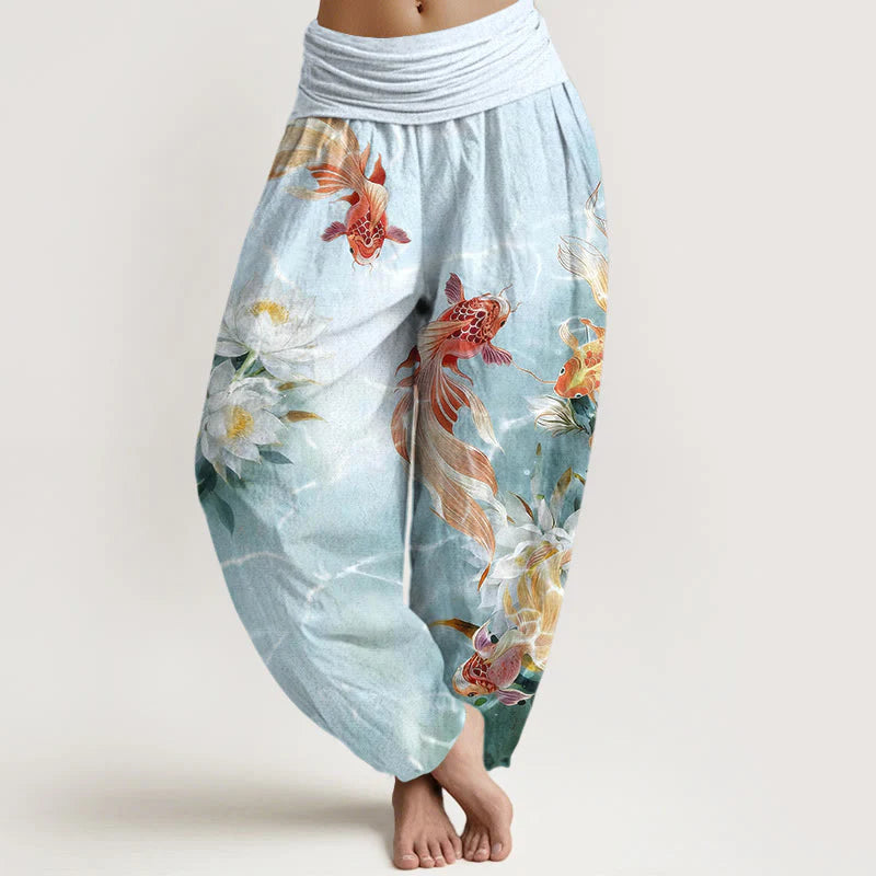 Buddha Stones Pure Cotton Light-Colored Koi Fish Lotus Flower Pattern Women's Elastic Waist Harem Pants