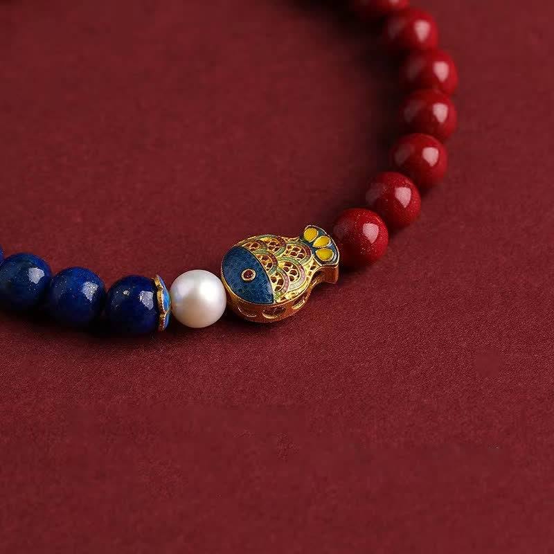 Buddha Stones Cinnabar Lapis Lazuli Koi Fish Ruyi Cloud Charm Blessing Beaded Bracelet