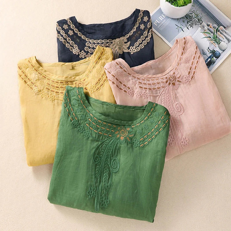 Buddha Stones Artistic Plain Floral Embroidered Design Crew Neck Puff Half Sleeve Cotton Linen Women's T-Shirt