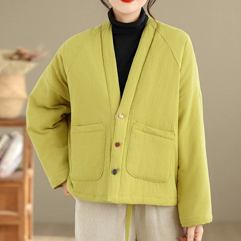 Buddha Stones Winter Long Sleeve Cotton Women's Thermal Jacket With Pockets