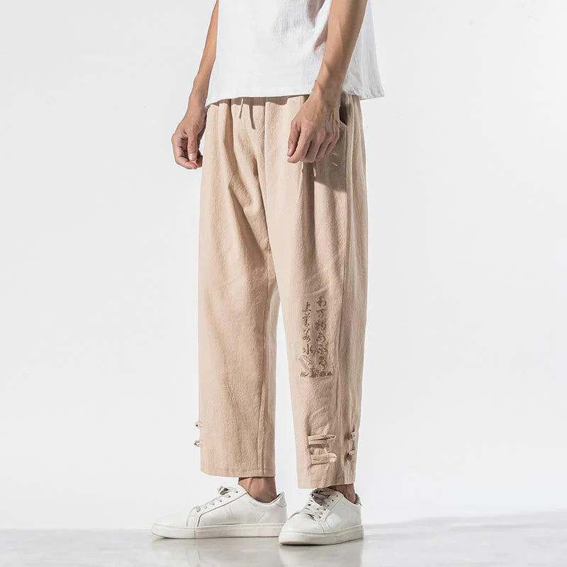 Buddha Stones Summer Chinese Characters Embroidery Men's Cotton Linen Pants With Pockets