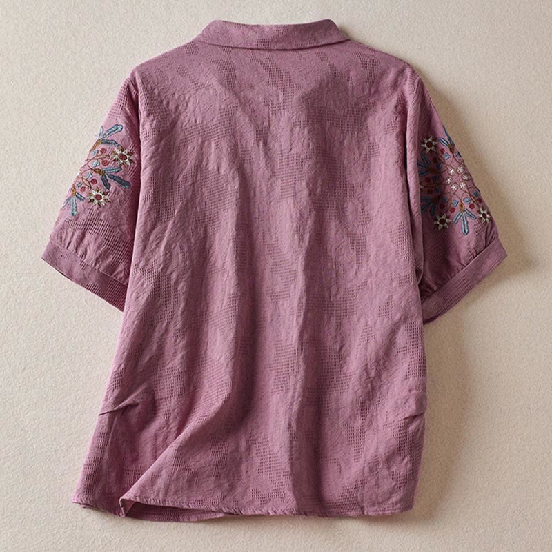 Buddha Stones Casual Floral Pattern Lapel Women's Cotton T-shirt