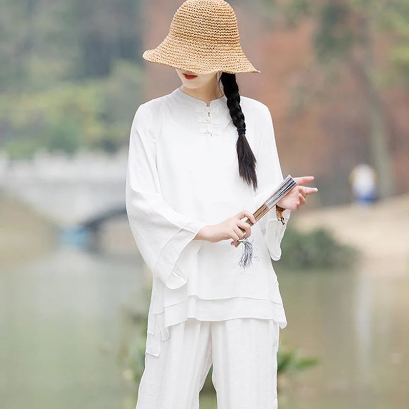 Buddha Stones 2Pcs Plain Design Top Pants Meditation Yoga Zen Tai Chi Cotton Linen Clothing Women's Set (Extra 30% Off | USE CODE: FS30)