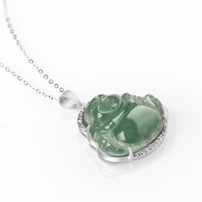 Buddha Stones Laughing Buddha Natural Jade Luck Prosperity Necklace Titanium Steel Chain Pendant