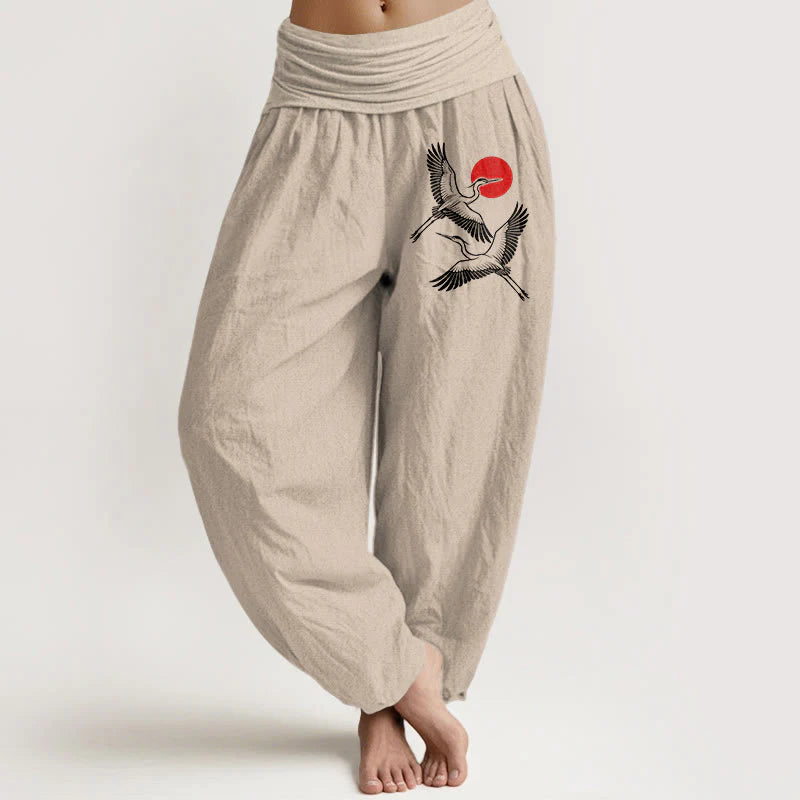 Buddha Stones Red Sun Cranes Pattern Women's Elastic Waist Harem Pure Cotton Pants
