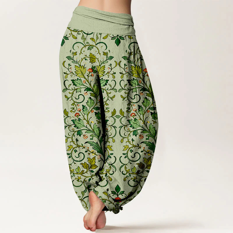 Buddha Stones Pure Cotton Classical Symmetrical Plant Leaf Pattern Women's Elastic Waist Harem Pants