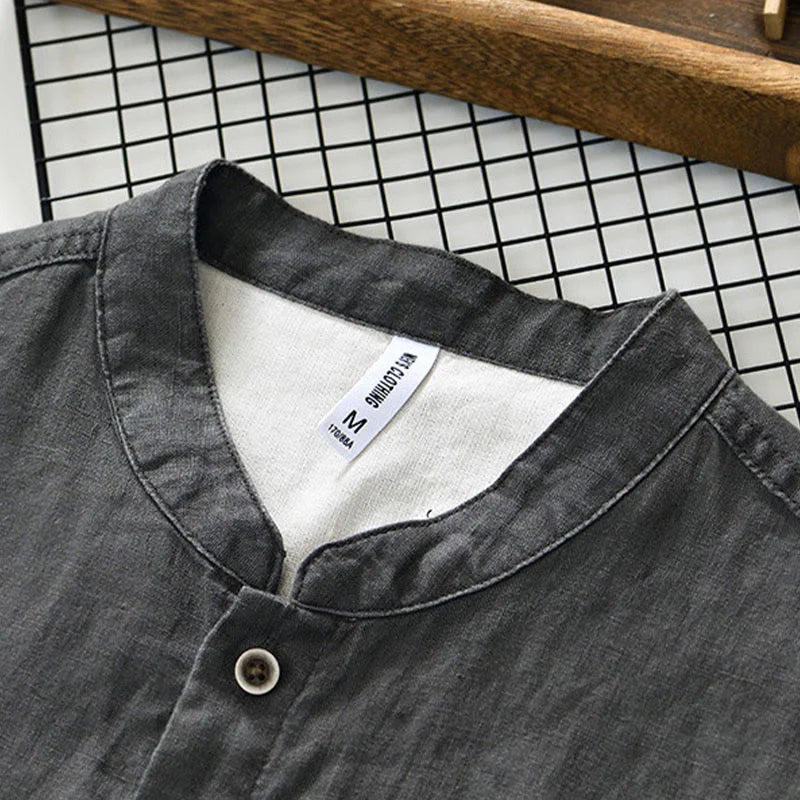 Buddha Stones Fall Solid Color Buttons Down Stand Collar Three Quarter Sleeve Linen Men's Shirt With Pockets