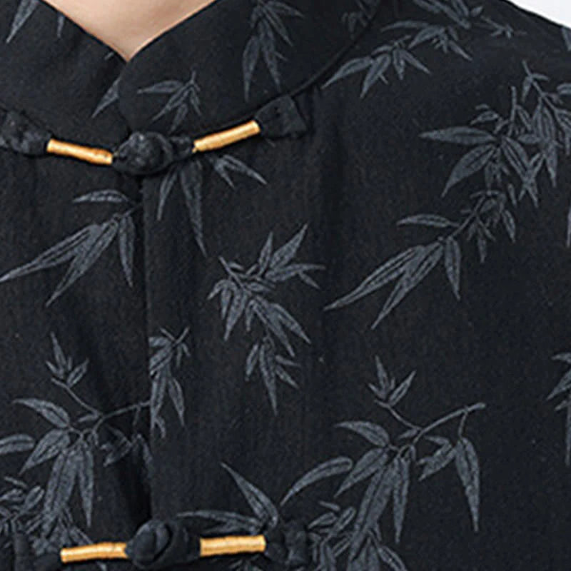 Buddha Stones Summer Bamboo Leaves Pattern Chinese Frog-Button Cotton Linen Short Sleeve Men's Shirt