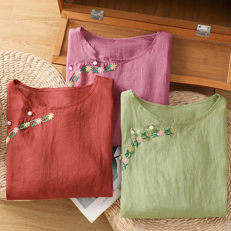 Buddha Stones Casual Embroidery Flowers Cotton Polyester Half Sleeve Women's Crew Neck Shirt