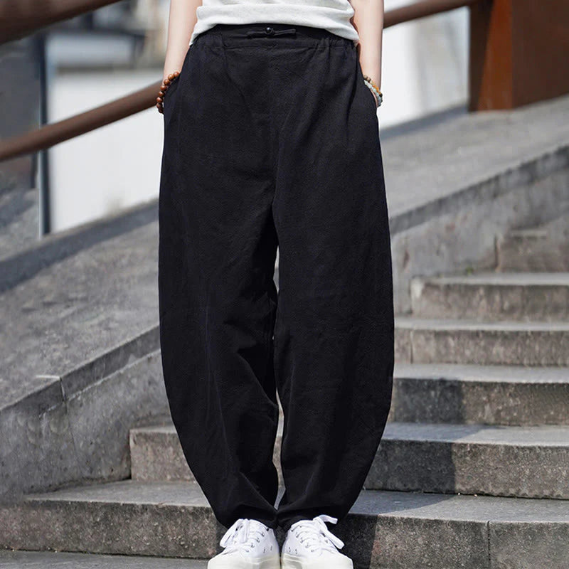Buddha Stones Summer Plain One Chinese Frog-Button Straight Leg Design Men's Cotton Linen Pants With Pockets