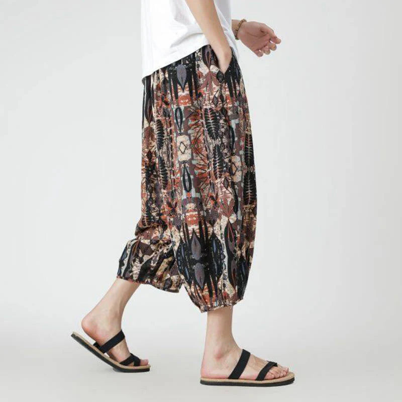 Buddha Stones Summer Square Patchwork Elephant Mandala Geometry Cotton Linen Men's 7-8 Length Pants With Pockets